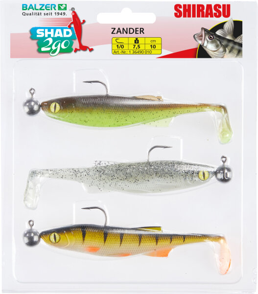 Balzer Shad 2go Set Zander, 10cm, 7,5g, Green Pumpkin, Highlight, Hot Perch