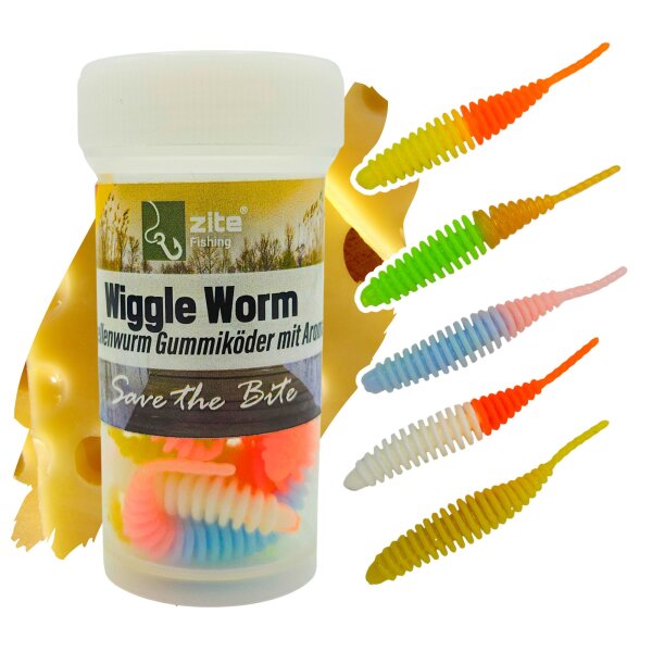 Zite Fishing Wiggle Worm Neon Mix Käse 5,5 cm 10 Stück
