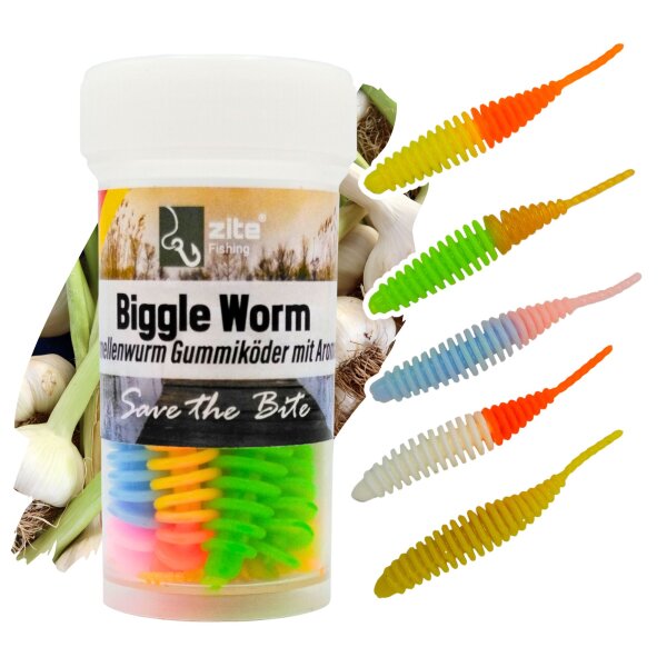 Zite Fishing Biggle Worm Schock Mix Knoblauch 6,5 cm 8 Stück