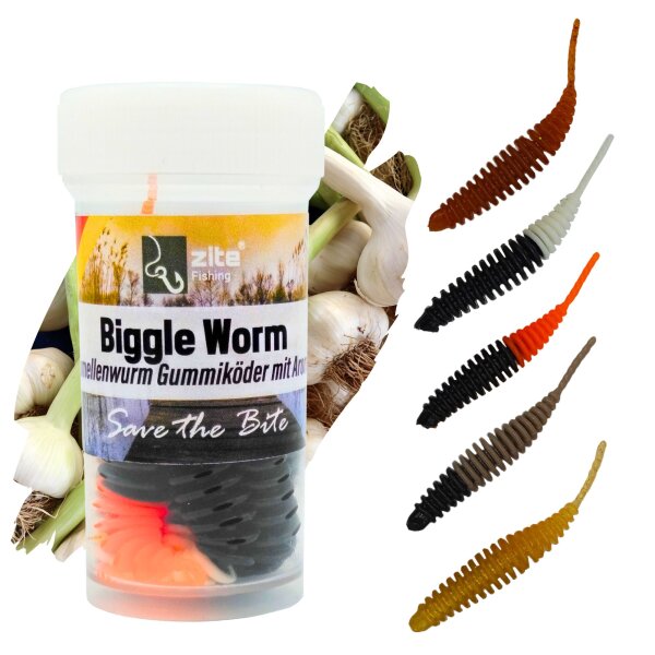 Zite Fishing Biggle Worm Natur Mix Knoblauch 6,5 cm 8 Stück