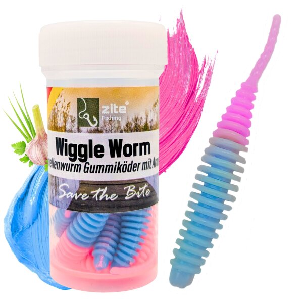 Zite Fishing Wiggle Worm Hellblau Rosa Knoblauch 5,5 cm 10 Stück