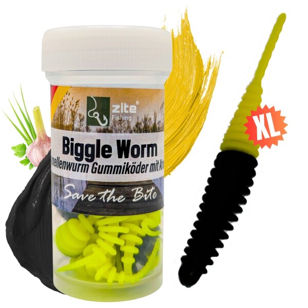 Zite Fishing Biggle Worm Schwarz Gelb Knoblauch 6,5 cm 8 Stück