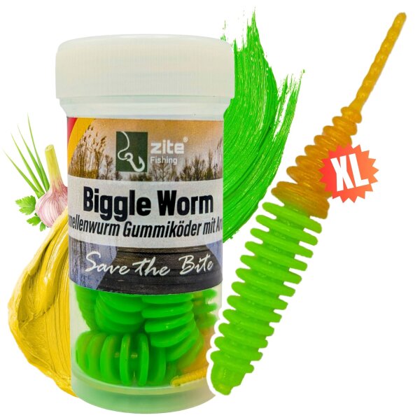 Zite Fishing Biggle Worm Chartreuse Gold Knoblauch 6,5 cm 8 Stück